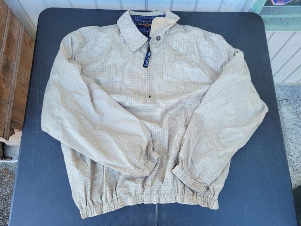 Tommy Hilfiger Jacket Mens Large Beige Check Golf 1/4 Zip Windbreaker Lined